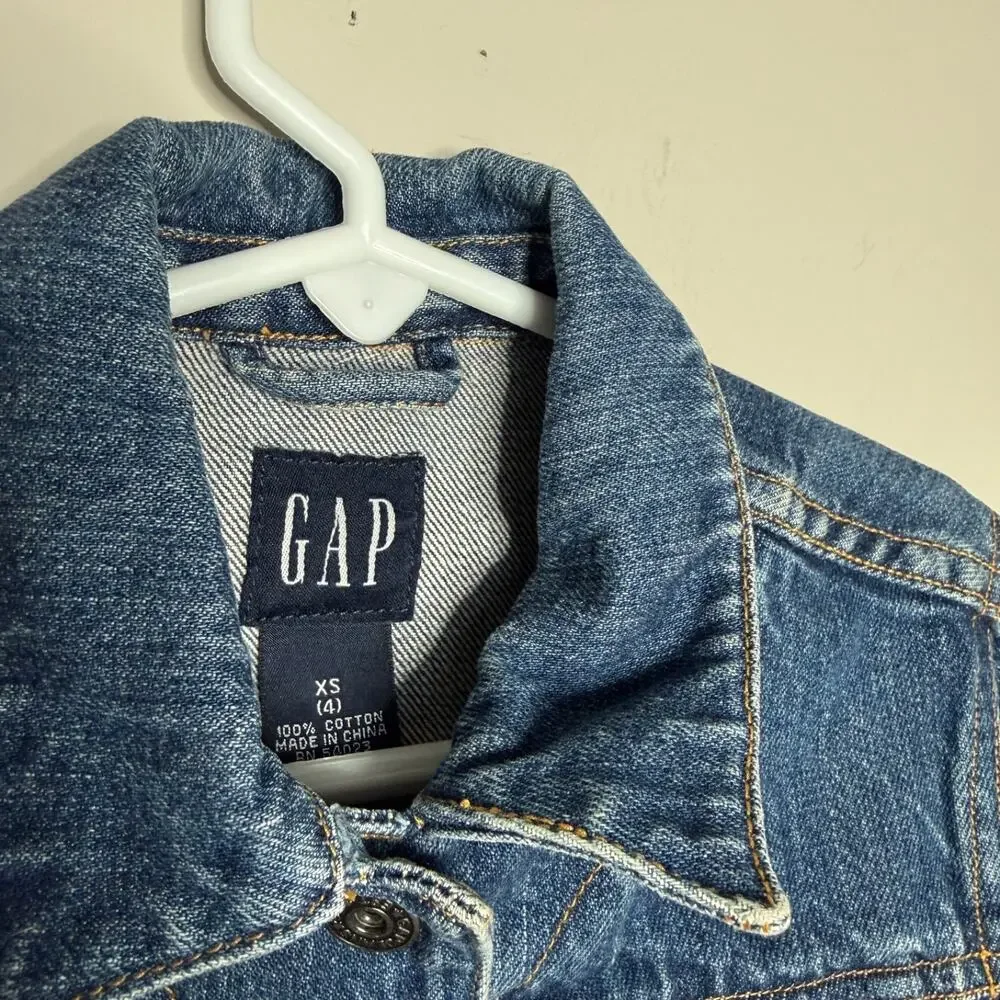 Gap Girls Embroidered Jean Jacket XS Denim Blue Collared Floral Butterfly Y2K